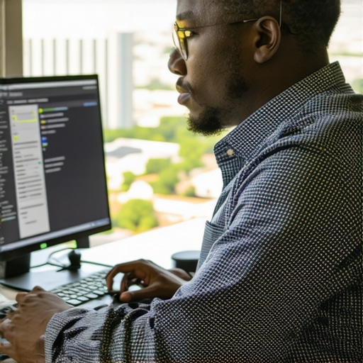 Analyzing Raleigh SEO Data Business owner reviewing SEO analytics with Raleigh city skyline