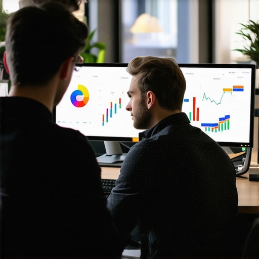 SEO expert analyzing local SEO data and competitor metrics in an office.