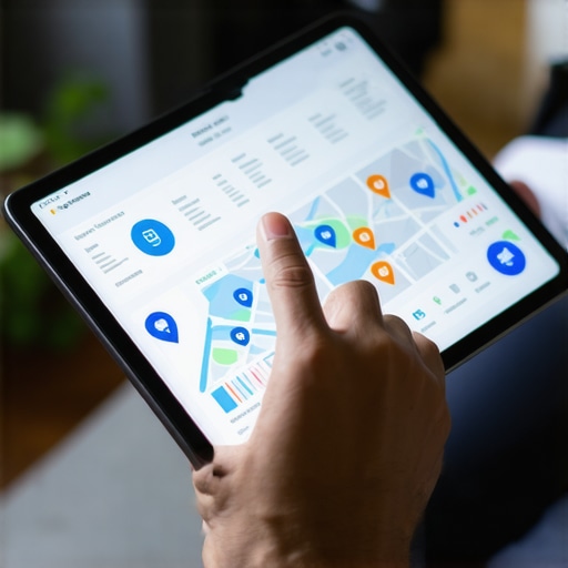Business owner reviewing analytics on a tablet with maps and graphs.
