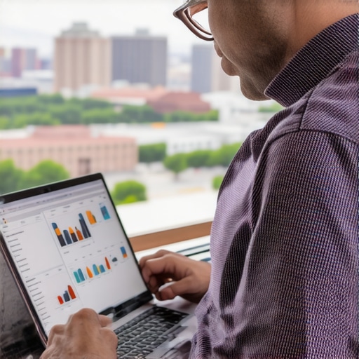 Raleigh Local Business Data Analysis Business owner analyzing local SEO data with Raleigh cityscape in background.