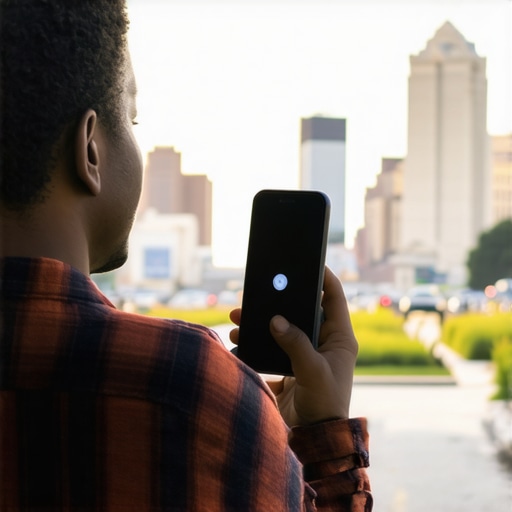 Person using voice assistant with Raleigh cityscape, highlighting voice search relevance.