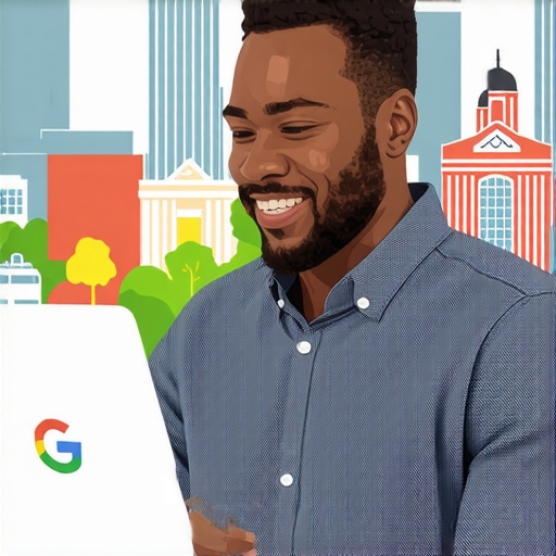 Business owner updating Google My Business profile on laptop with Raleigh landmarks.