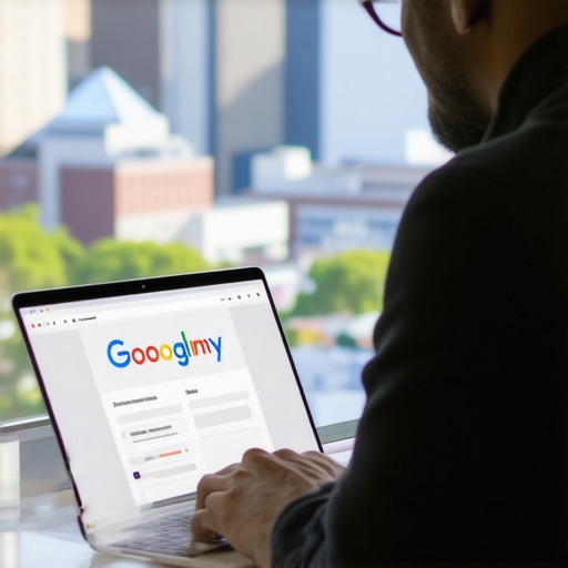 Optimizing GMB Profile in Raleigh Business owner updating Google My Business profile with Raleigh cityscape background.