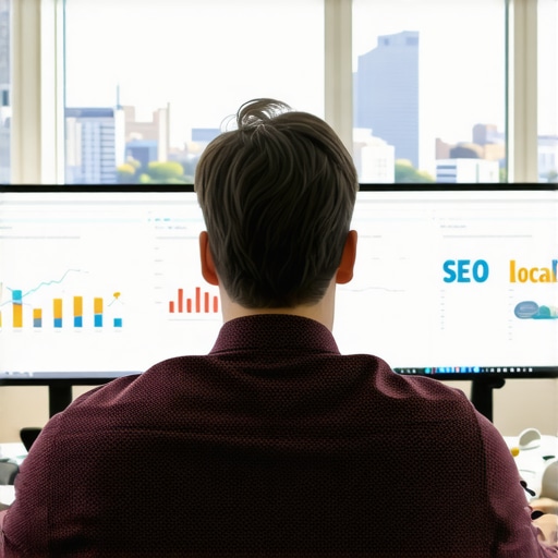 Digital marketer reviewing SEO metrics and cityscape