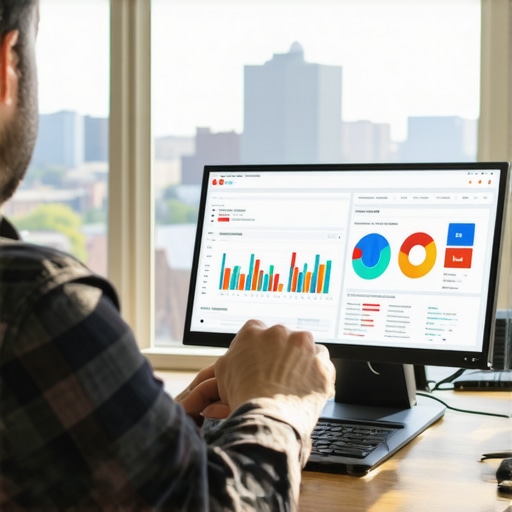 Person reviewing SEO analytics dashboard with Raleigh city skyline behind.