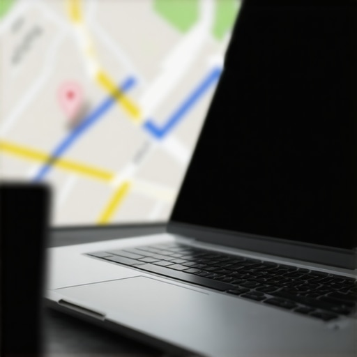 Laptop displaying local SEO tools with a Google Maps interface in the background.