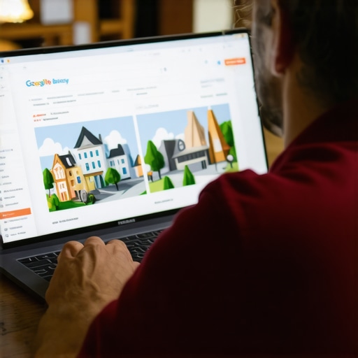 Optimizing GMB Profile for NC Businesses Business owner updating Google My Business profile with North Carolina landmarks visible on screen.