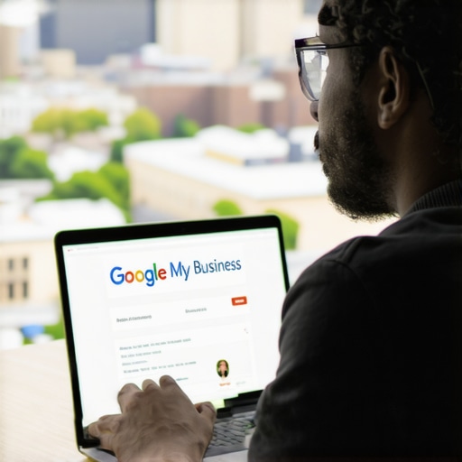 Business owner updating Google My Business profile on laptop with Raleigh cityscape