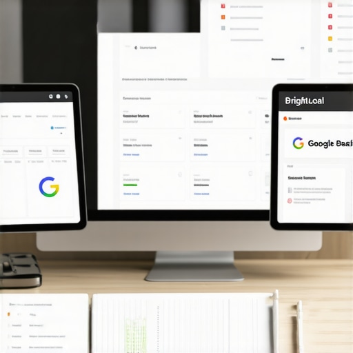 A workspace with SEO software dashboards displaying analytics and local SEO metrics.