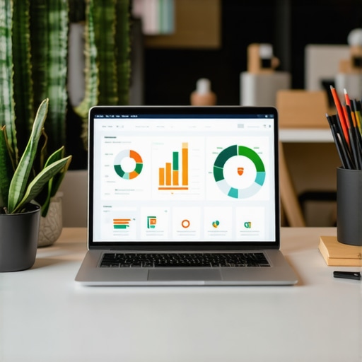 Display of SEO software tools and analytics on a laptop in an office setting