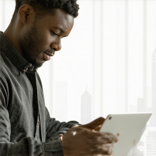 Business owner updating Google My Business profile on a laptop with Raleigh cityscape in background.
