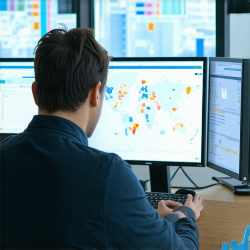 Person analyzing local SEO performance data on screens with maps and charts.