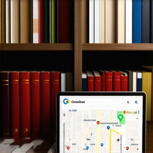 Bookshelves filled with marketing books and a laptop showing Google Maps