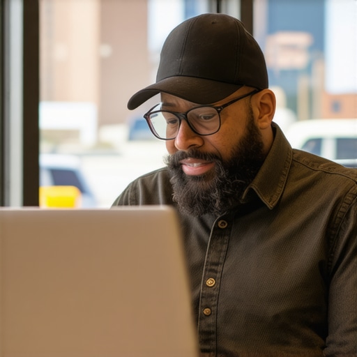 Raleigh business owner optimizing Google My Business profile on a laptop with cityscape background.