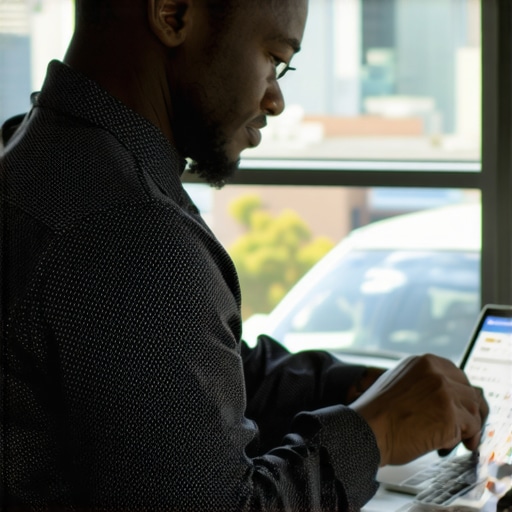 Business owner updating GMB profile on laptop with Raleigh cityscape