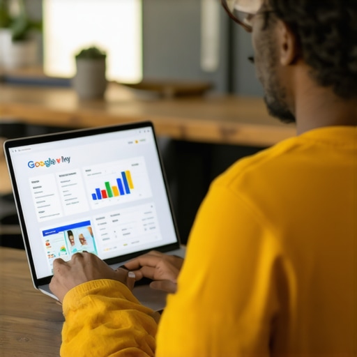 Business owner uploading photos to Google My Business on a laptop.