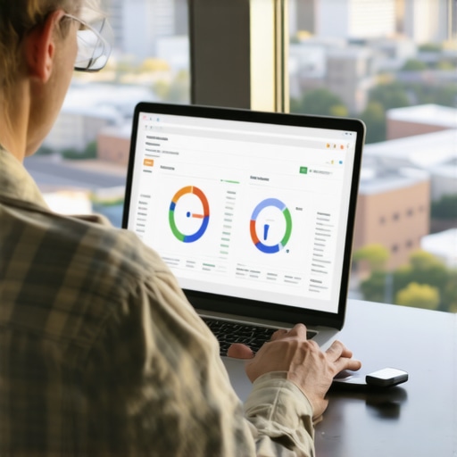 Person reviewing SEO data on laptop with Raleigh cityscape