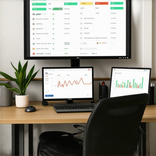 A modern office setup displaying SEO analytics dashboards on three monitors.